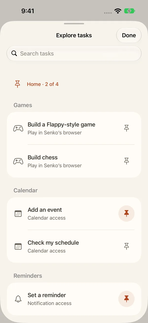 Explore tasks list with games, calendar and reminder ideas that can be pinned to Home