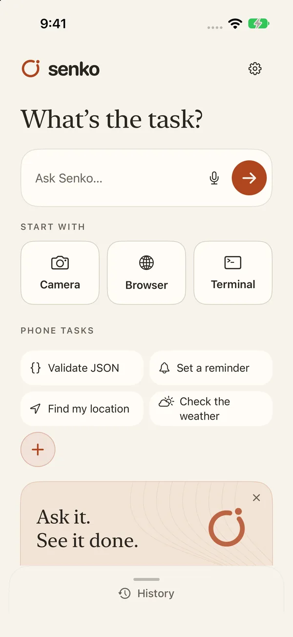 Senko home screen asking “What’s the task?” with camera, browser and terminal shortcuts and phone task suggestions