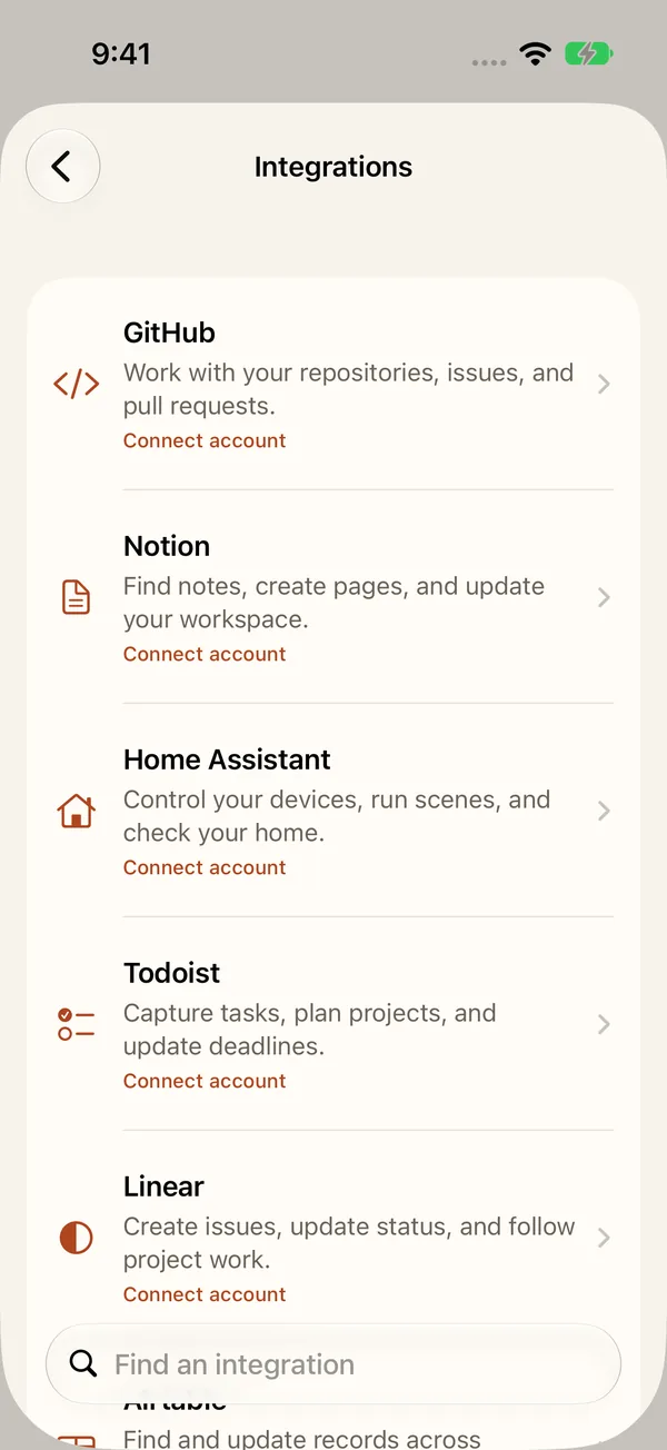 Integrations screen listing GitHub, Notion, Home Assistant, Todoist and Linear